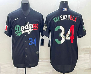 Mens Los Angeles Dodgers #34 Fernando Valenzuela Number Mexico Black Cool Base Stitched Baseball Jerseys